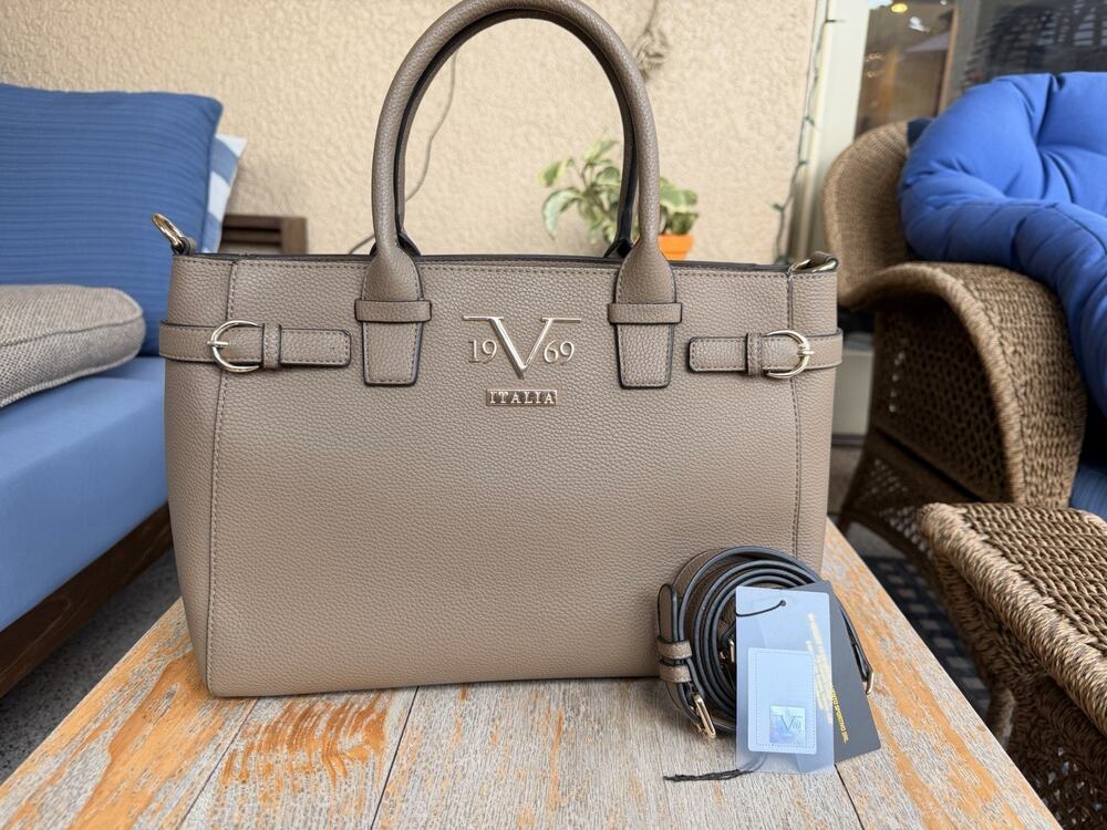 Versace 19v69 Italia Taupe Pebbled Satchel Tote Zip Detachable Strap Gold NWT